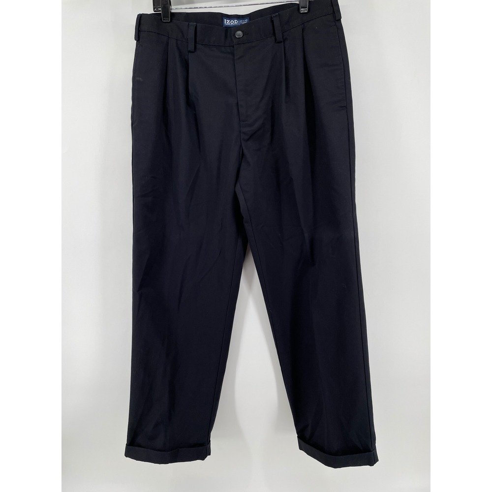 IZOD American Chino Pants Mens 34x30 Black Pleated Classic Fit Cotton Twill